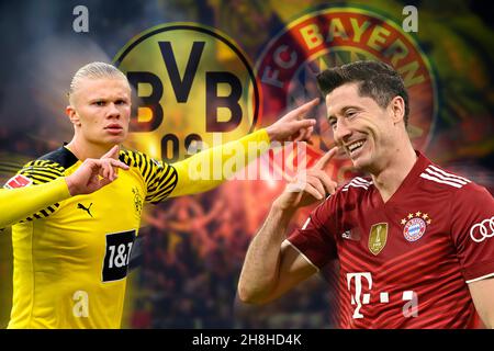 FOTOMONTAGE: Vorschau Borussia Dortmund-FC Bayern München am 4th. Dezember 2021. Robert LEWANDOWSKI (FC Bayern München) trifft im Bundesliga-Cracker Erling HAALAND (DO). Fußball, 1st Bundesliga, Saison 2021/22 ¬ Stockfoto