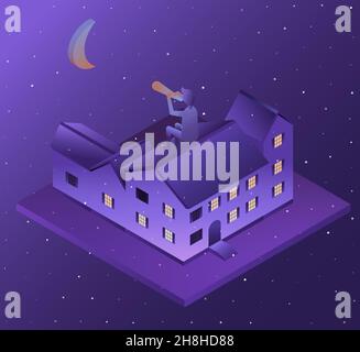Gebäude in Perspektive, der Mond in der Nacht. Haus in 3D. Vektorgrafik EPS Stock Vektor