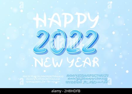 Urlaubsflyer Frohes neues Jahr mit weißem handgeschriebenem Text und dekorativen Zahlen auf hellblauem Hintergrund mit Schneefall. Zwei Vektor-Sets von dekorativen Stock Vektor