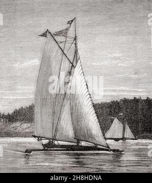 Eine moderne Renneisyacht auf dem Hudson River, Vereinigte Staaten von Amerika. Aus Longman's New Geographical Readers, veröffentlicht 1892. Stockfoto