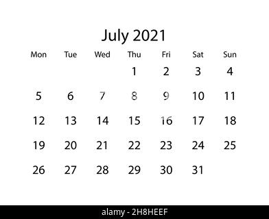 Vektorkalender für den Monat juli 2021 auf weißem Hintergrund Stock Vektor