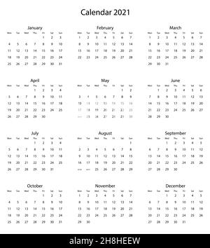 2021 Jahreskalender - 12 Monate Jahreskalender Stock Vektor