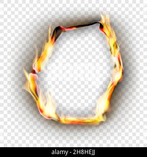 Brennendes eingerissenes Loch im Papierblatt. Vektor realistische Darstellung auf transparentem Hintergrund Stock Vektor