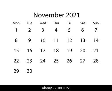 Vektorkalender für den Monat November 2021 auf weißem Hintergrund Stock Vektor