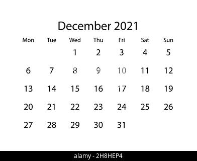 Vektorkalender für den Monat Dezember 2021 auf weißem Hintergrund Stock Vektor