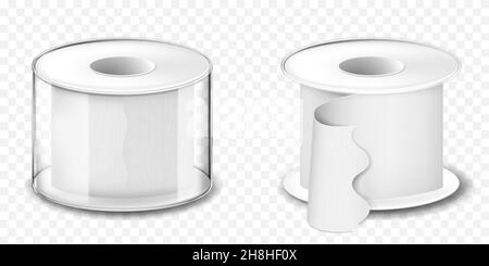 Eine Rolle von medizinischem Klebstoffputz. Medizinische Klebebandrolle. Band-Aid-Set isoliert auf transparentem Hintergrund, realistische 3D-vektor-Illustration Stock Vektor
