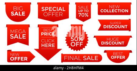 Vektor-Set aus verschiedenen Formen rot Verkauf Tags, isoliert auf weißem Hintergrund Stock Vektor