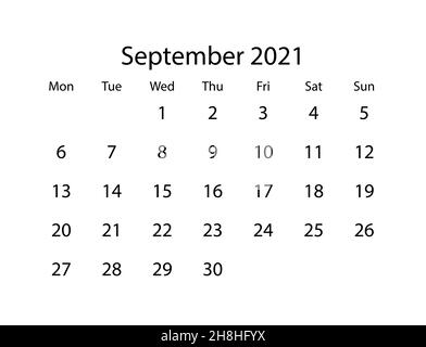 Vektor-Kalender für den Monat September 2021 auf weißem Hintergrund Stock Vektor