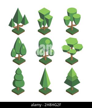 Satz von Bäumen in isometrischer Perspektive, polygonaler Stil, isoliert auf weißem Hintergrund. EPS Stock Vektor