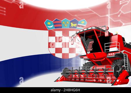 Landwirtschaftliche Innovation Konzept, Red Advanced Roggen Mähdrescher auf Kroatien Flagge - Digital Industrial 3D Illustration Stockfoto