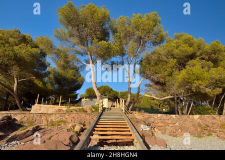 Frankreich, Var, Saint Raphael, Dramont, Massif de l'Esterel (Esterel-Massiv), Corniche d'Or, Strandzugang zum Campingplatz Campeole in Dramont Stockfoto