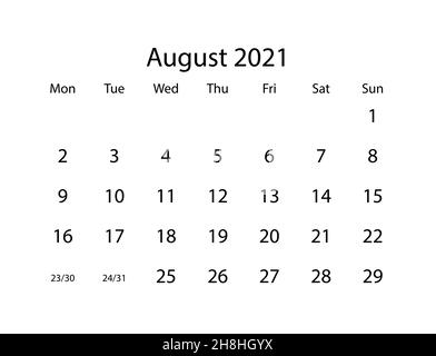 Vektorkalender für den Monat August 2021 auf weißem Hintergrund Stock Vektor