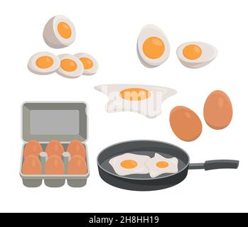 Eier, gekochtes Ei, Spiegelei in einer Pfanne, Eier in einer Schachtel. Gesunde Bio-Lebensmittel Vektor Illustration. eps Stock Vektor