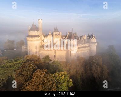 Frankreich, Oise (60), das Schloss von Pierrefonds bei Sonnenaufgang unter Nebel Stockfoto