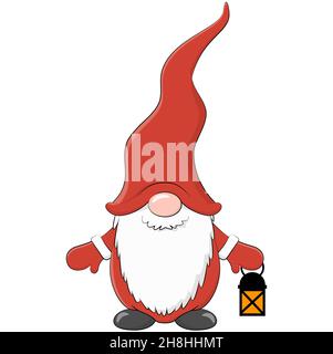 eps-Vektordatei, weihnachtsgnome mit Charaktergesicht für weihnachten und Winterkonzepte, mit Laterne, Cartoon-Illustration Stock Vektor