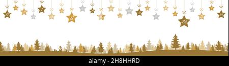 Hängende weihnachtssterne in Gold mit Zahlen 1 bis 24, die den Adventskalender für Weihnachten und Winterkonzepte zeigen, goldener Natur-Hintergrund mit Tanne Stock Vektor