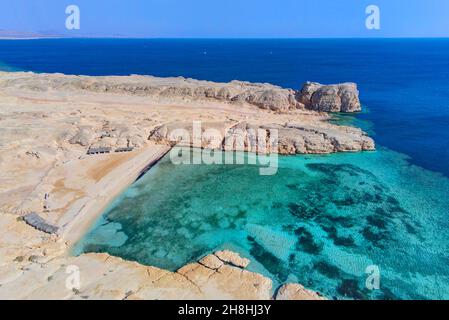 Ägypten, Sinaï, Sharm-el-Sheikh, Ras Mohammed Nationalpark, Hauptstrand (Luftaufnahme); Site touristique; tourismus Stockfoto