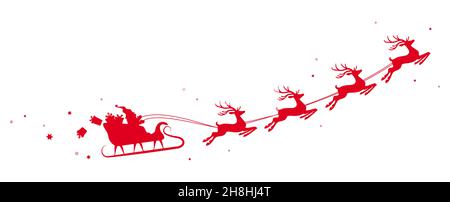 eps-Vektor-Illustration mit Silhouette von farbigem Weihnachtsmann mit Schlitten und Rentieren und einigen Geschenken, die am Himmel auf weißem Hintergrund isoliert fliegen Stock Vektor