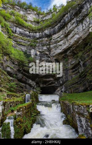 Frankreich, Doubs, Ornans, Via Francigena, Gorges de la Nouaille, Quelle des Flusses Loue am Fuße der Klippe Stockfoto