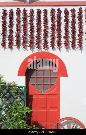 Frankreich, Pyrenees Atlantiques, Baskenland, Espelette, typisches Labordine-Haus mit Espelette-Paprika (Capsicum annuum), die über der Tür trocknet Stockfoto