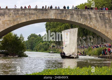 Frankreich, Loiret, Loire-Tal, das von der UNESCO zum Weltkulturerbe erklärt wurde, Beaugency, Le Grand Retournement, Flottille traditioneller Boote, die die Loire von Montjean nach Orléans hinauffahren, Segler aus Anjou, Touraine, Blésois und Orléanais fahren erstmals im Konvoi die Loire hinauf Stockfoto