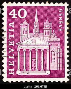 SCHWEIZ - UM 1960: Eine in der Schweiz gedruckte Briefmarke zeigt die Kathedrale St. Pierre, Genf, um 1960 Stockfoto