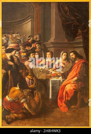 FERRARA, ITALIEN – 9. NOVEMBER 2021: Das Gemälde Wunder in Kana in der Kirche Chiesa di San Francesco von Johannes van Beyghem (1630). Stockfoto
