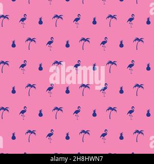 Vektor-Muster von Flamingos, Palmen und Ananas in dunkelblau auf rosa Hintergrund. Ideal als Hintergrund für Werbung, Geschenkverpackung, Textil oder p Stock Vektor