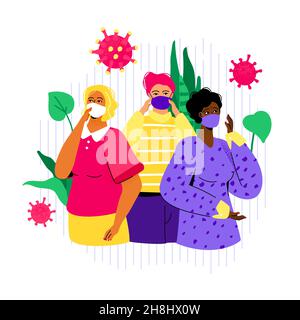 Tragen Sie eine Maske - bunte flache Design Stil Illustration. Drei internationale Mädchen mit Atemschutz auf weißem Hintergrund. Bekämpfung des Virus, PR Stock Vektor