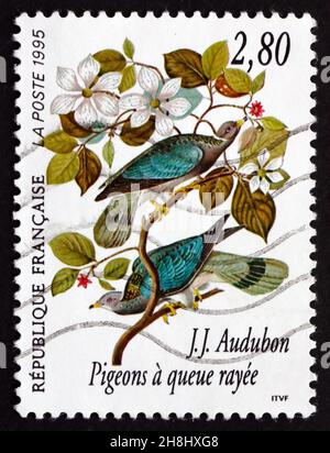 FRANKREICH - UM 1995: Eine in Frankreich gedruckte Briefmarke zeigt Bandschwanztaube, Patagioenas fasciata, Bird, John J. Audubon, um 1995 Stockfoto