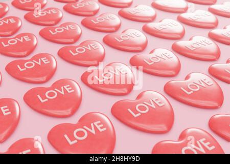 Rote Herzen mit Wortliebe in Reihen. Valentinstag-Konzept. 3D Rendern. Stockfoto