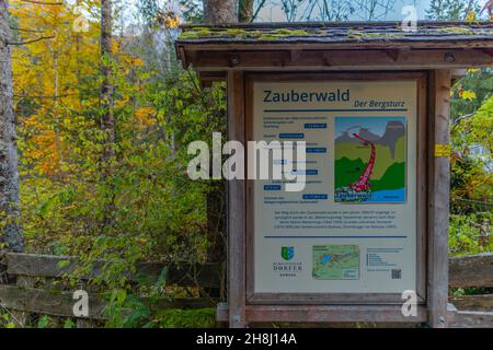 Informationstafel Zauberwald mit der Ramsauer Ache bei Hintersee in Herbstfarben, Ramsau, Oberbayern, Süddeutschland Stockfoto