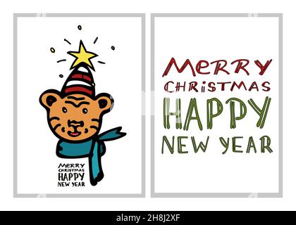 Ein Kartenset für Weihnachten und Neujahr mit einem orangen Symbol des Jahres, einem Tiger mit einem grünen Schal und Stern. Schriftzug mit der Aufschrift Merry Stock Vektor