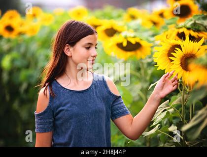 Glückliches Tween Mädchen in einem Sonnenblumenfeld. Stockfoto