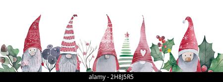 Niedliche skandinavische Zwerge in gemusterten Mützen. Tuschezeichnung, lustige Illustration, schöne Designelemente. Stockfoto