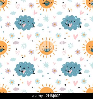 Nahtloses Muster niedliche Wolken. Kindlicher Druck, lustige saisonale Phänomene Elemente, Wetter Baby Hintergrund, lächelnde Cartoon Sonne und Wolke. Textile Einrichtung Stock Vektor