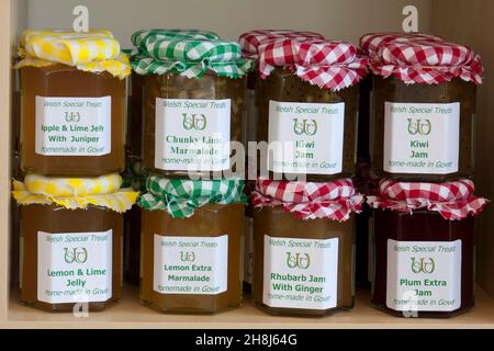 Gläser mit hausgemachter Marmelade, Gower Wildflower & Local Produce Center, lokale Produkte, Gower Peninsula, South Wales, Stockfoto