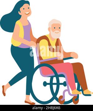 Mädchen, der einen alten Mann im Rollstuhl rollt. Lächelnde Frau im Gespräch mit Senior Stock Vektor