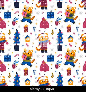 Niedliche Tiger Nahtloses Muster. Neujahr lustige Tiere in warmen Winterkleidung mit Geschenken, weihnachtsbaum Spielzeug, kleine Urlaub Raubtiere. Dekor Textil, w Stock Vektor
