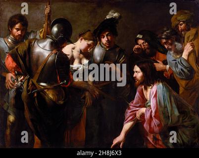 Christus und die Ehebrecherin von Valentin de Boulogne (1591-1632), Öl auf Leinwand, 1620s Stockfoto