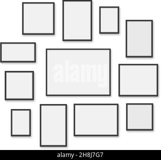 Fotorahmen im Modell. Realistische Innenwand leere Rahmen anderes Format, vertikal, horizontal 3D Vorlage, Galerie-Objekte, Vektor-Set Stock Vektor