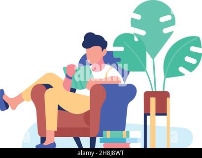 Lesender Mann sitzt im Sessel mit Bücherstapeln herum Stock Vektor