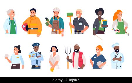 Menschen verschiedener Berufe. Cartoon-Arbeiter porträtiert mit den Händen bis zur Taille. Multiethnische Männer und Frauen in Uniform. Avatare lächelnder Personen Stock Vektor