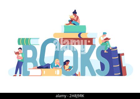 Bücher Wort Menschen. Leserfiguren um große Buchstaben, Stapel von Lehrbüchern, Literaturliebhaber Lesen, Kultur und Bildung, Studenten lernen in Stock Vektor