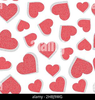 Nahtloses romantisches Muster mit handgezeichneten roten Herzen. Bunte Doodle Herzen auf rotem Hintergrund. Fertige Vorlage für Design, Stock Vektor