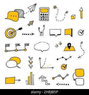 Vektor handgezeichnete Infografik Illustration. Satz von Geschäfts- und Finanzkritzeln Symbole, Grafiken. Skizze von Geschäftsprozessen, Idee, Startup. Stock Vektor