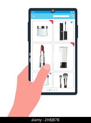 Vektor-Illustration, Konzept des Kaufens von Kosmetika im Online-Shop, Einkaufen. Kosmetik speichern Produkte auf dem Smartphone-Bildschirm, kaufen Stock Vektor