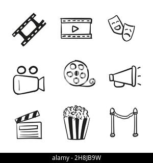 Handgezeichnetes Icon-Set aus Kino im Doodle-Stil isoliert Stock Vektor