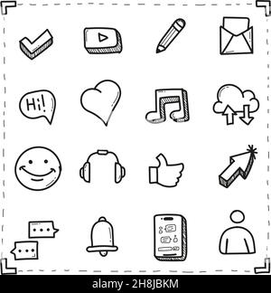 Handgezeichnetes Social-Media-Set-Symbol im Doodle-Stil isoliert Stock Vektor