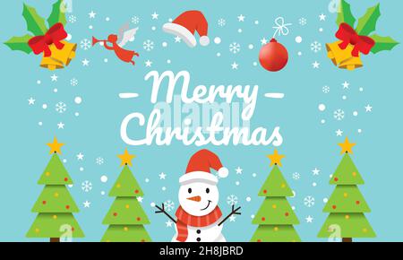 Fröhliche Weihnachtslandschaft mit weihnachtsbaum, weihnachtsmannmütze und zwei süßen Schneemannvektoren auf hellblauem Hintergrund. Stock Vektor